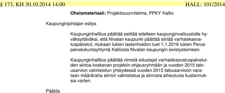 kaupunginvaltuustolle hyväksyttäväksi, että Nivalan kaupunki päättää siirtää varhaiskasvatuspalvelut, mukaan lukien lastenhoidon tuet 1.