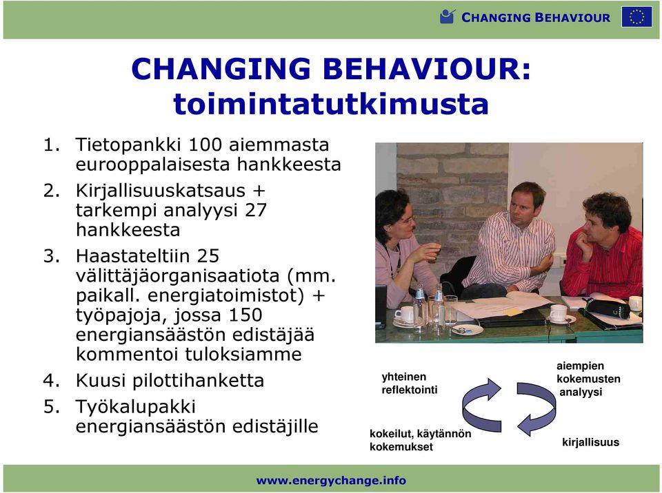 energiatoimistot) + työpajoja, jossa 150 energiansäästön edistäjää kommentoi tuloksiamme 4.