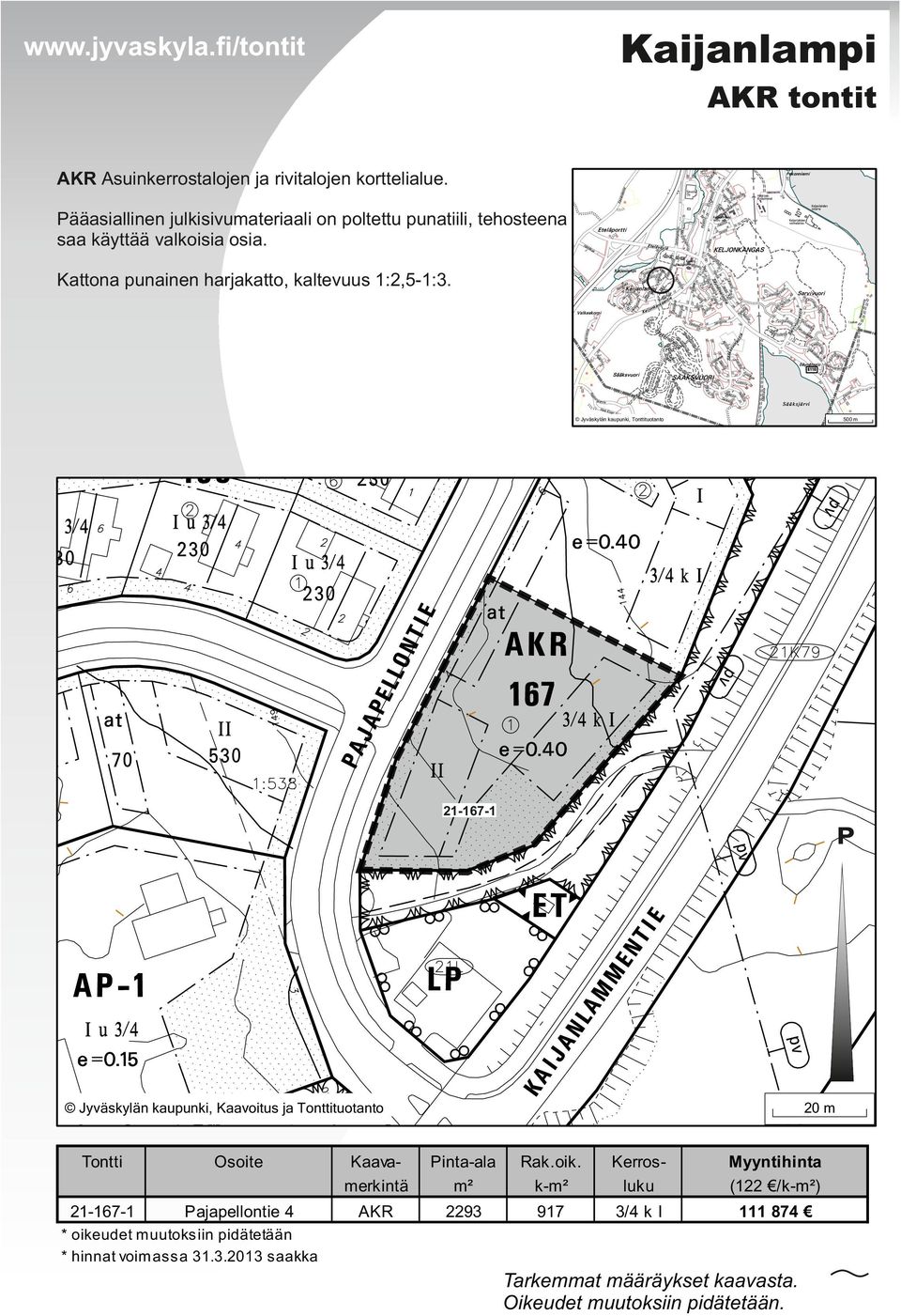 Kattona punainen harjakatto, kaltevuus 1:2,5-1:3. 21-167-1 P Tontti Osoite Kaavamerkintä Pinta-ala m² Rak.oik.