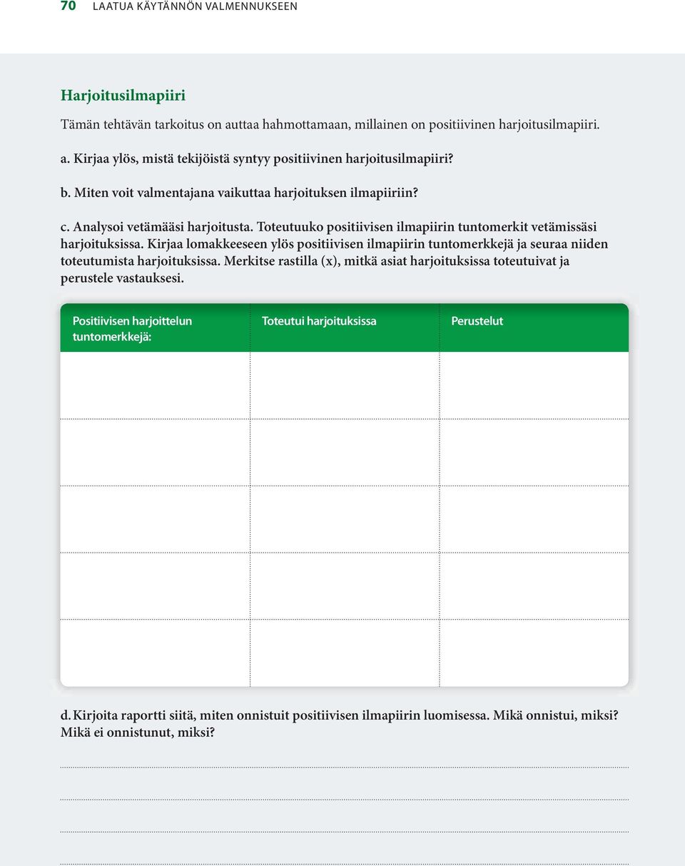 Kirjaa lomakkeeseen ylös positiivisen ilmapiirin tuntomerkkejä ja seuraa niiden toteutumista harjoituksissa. Merkitse rastilla (x), mitkä asiat harjoituksissa toteutuivat ja perustele vastauksesi.