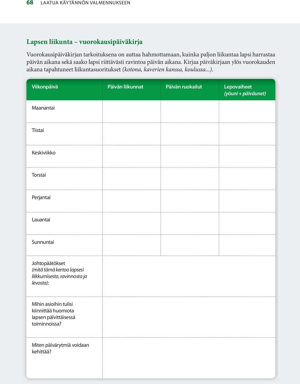 Kirjaa päiväkirjaan ylös vuorokauden aikana tapahtuneet liikuntasuoritukset (kotona, kaverien kanssa, koulussa...).