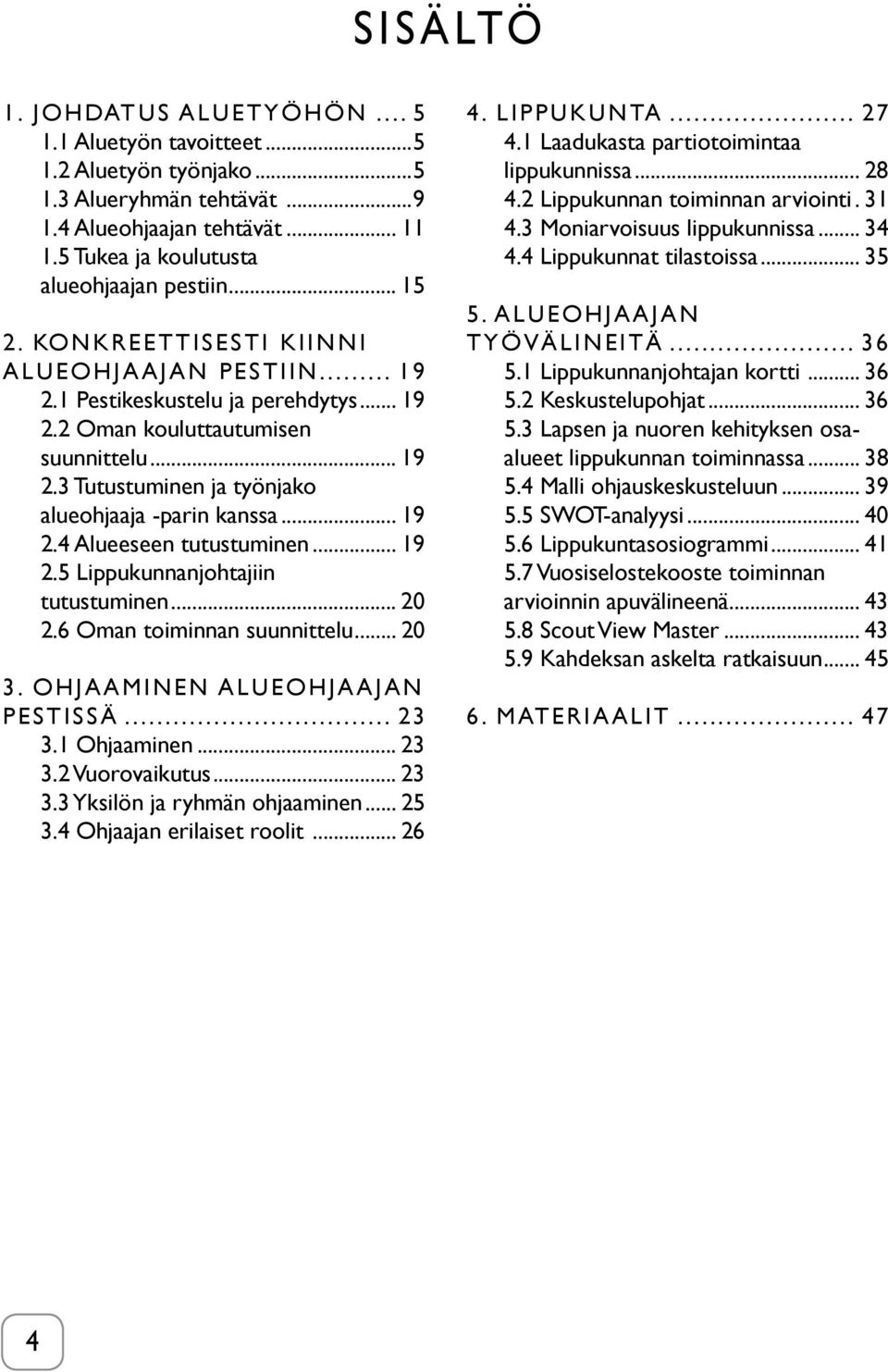 .. 19 2.4 Alueeseen tutustuminen... 19 2.5 Lippukunnanjohtajiin tutustuminen... 20 2.6 Oman toiminnan suunnittelu... 20 3. OHJAAMINEN ALUEOHJAAJAN PESTISSÄ... 23 3.1 Ohjaaminen... 23 3.2 Vuorovaikutus.