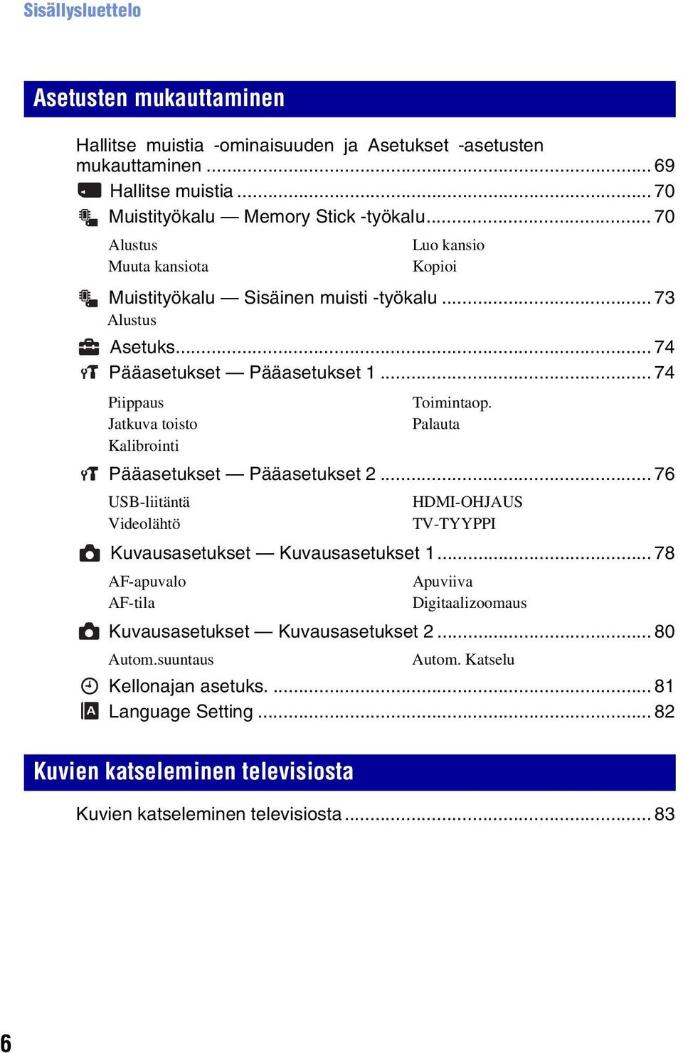 .. 74 Piippaus Jatkuva toisto Kalibrointi Pääasetukset Pääasetukset 2... 76 USB-liitäntä Videolähtö Luo kansio Kopioi Kuvausasetukset Kuvausasetukset 1.