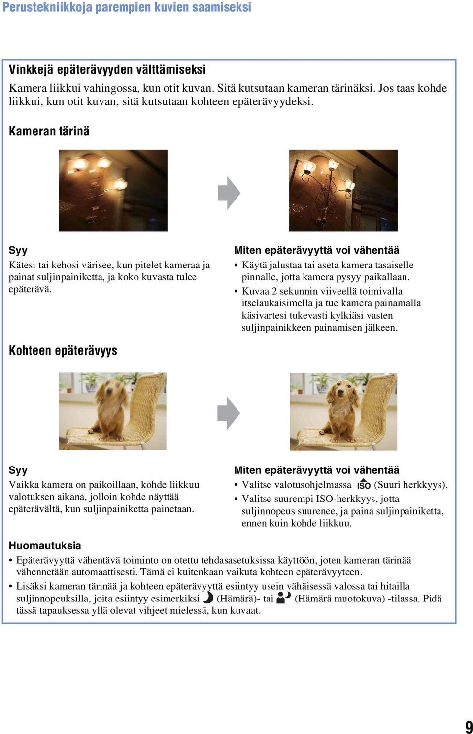 Kameran tärinä Syy Kätesi tai kehosi värisee, kun pitelet kameraa ja painat suljinpainiketta, ja koko kuvasta tulee epäterävä.