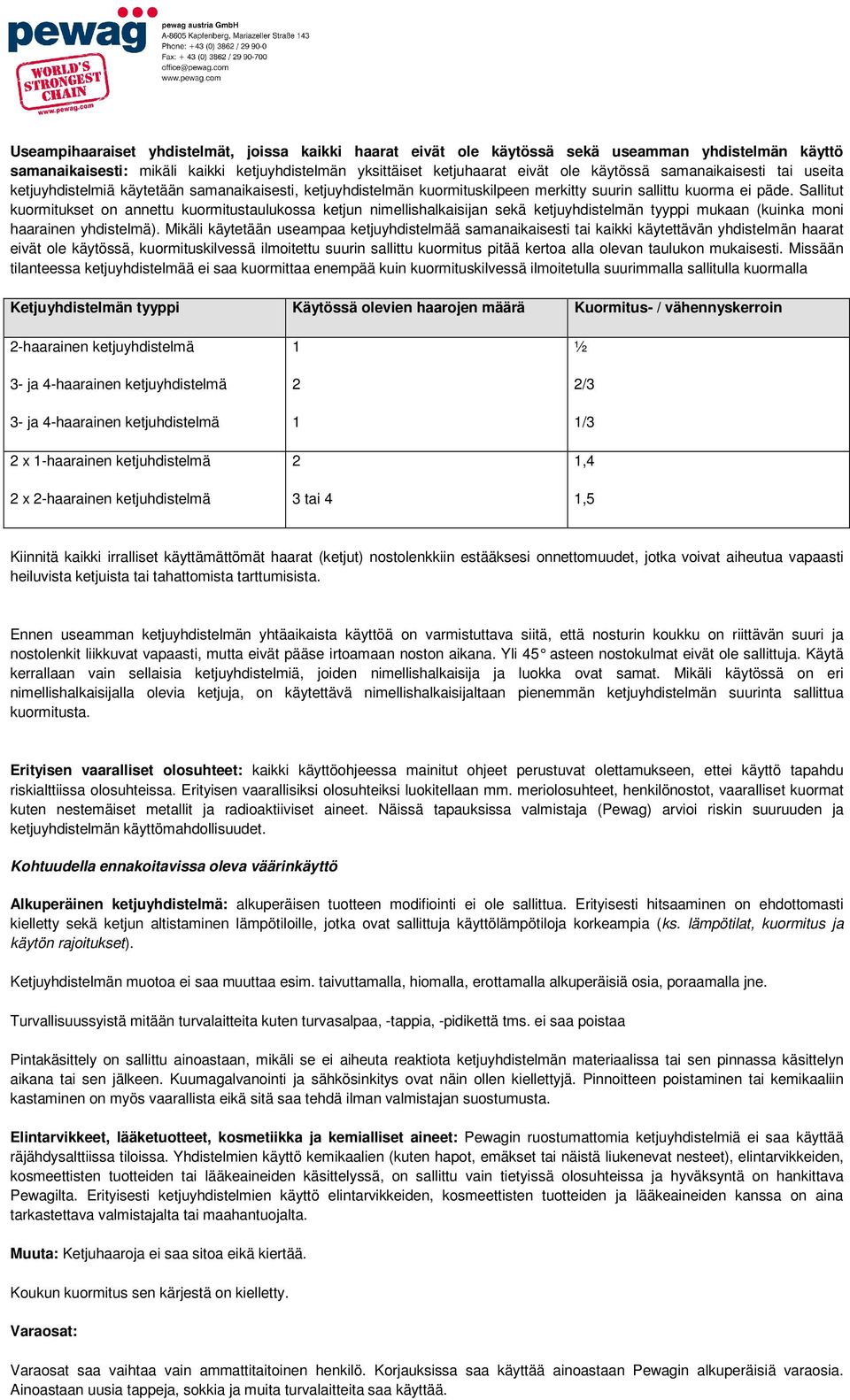 Sallitut kuormitukset on annettu kuormitustaulukossa ketjun nimellishalkaisijan sekä ketjuyhdistelmän tyyppi mukaan (kuinka moni haarainen yhdistelmä).