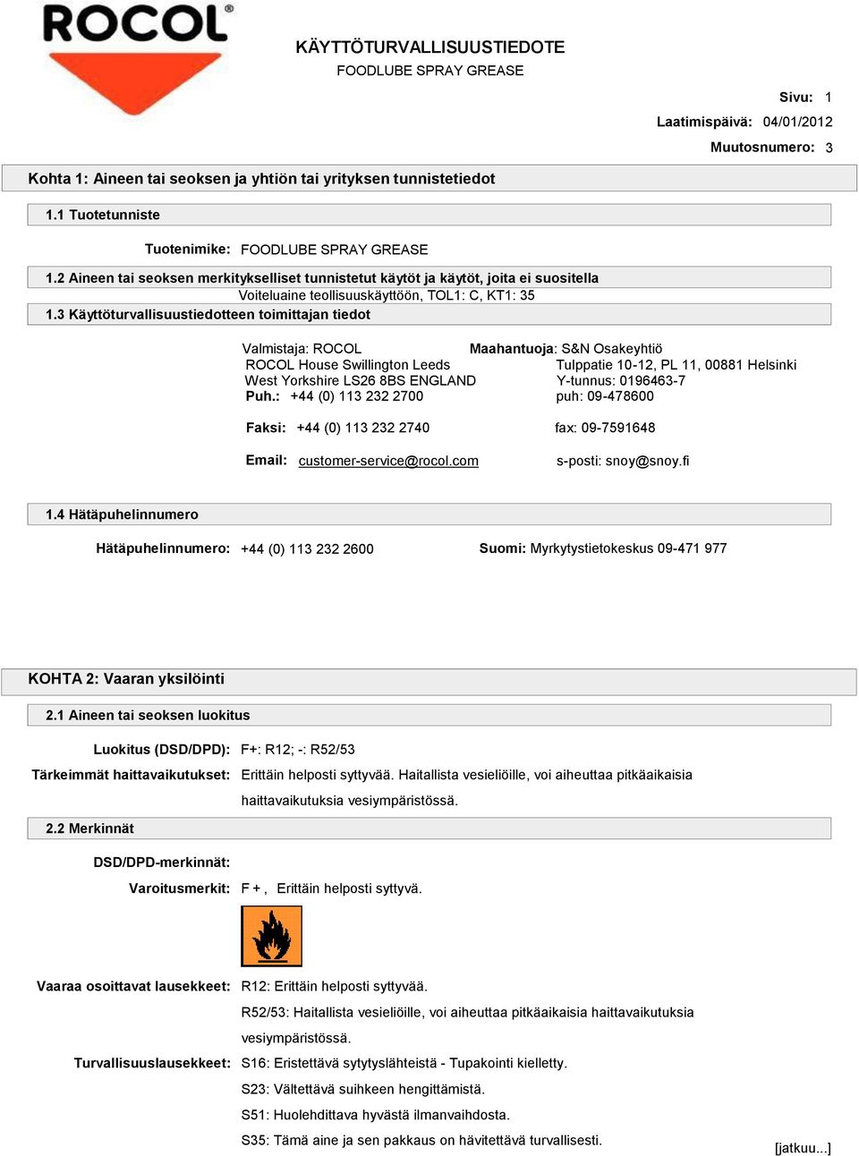 3 Käyttöturvallisuustiedotteen toimittajan tiedot Valmistaja: ROCOL Maahantuoja: S&N Osakeyhtiö ROCOL House Swillington Leeds Tulppatie 10-12, PL 11, 00881 Helsinki West Yorkshire LS26 8BS ENGLAND