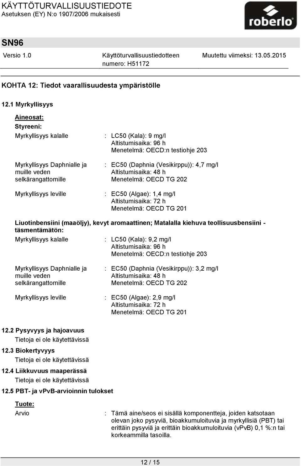 testiohje 203 : EC50 (Daphnia (Vesikirppu)): 4,7 mg/l Altistumisaika: 48 h Menetelmä: OECD TG 202 : EC50 (Algae): 1,4 mg/l Altistumisaika: 72 h Menetelmä: OECD TG 201 Liuotinbensiini (maaöljy), kevyt
