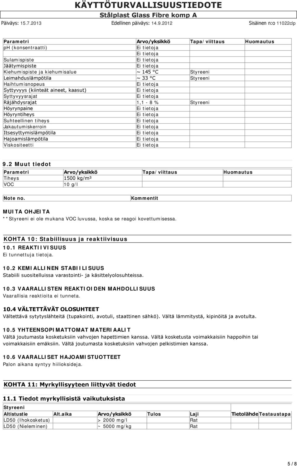 9.2 Muut tiedot Parametri Arvo/yksikkö Tapa/viittaus Huomautus Tiheys 1500 kg/m³ VOC 10 g/l Note no. Kommentit MUITA OHJEITA **Styreeni ei ole mukana VOC luvussa, koska se reagoi kovettumisessa.
