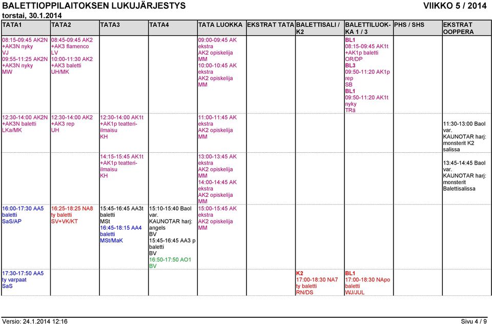 ty SV+VK/KT 12:30-14:00 AK1t +AK1p teatteriilmaisu KH 14:15-15:45 AK1t +AK1p teatteriilmaisu KH 15:45-16:45 AA3t 16:45-18:15 AA4 /MaK 15:10-15:40 Baol angels 15:45-16:45 AA3 p 16:50-17:50 AO1