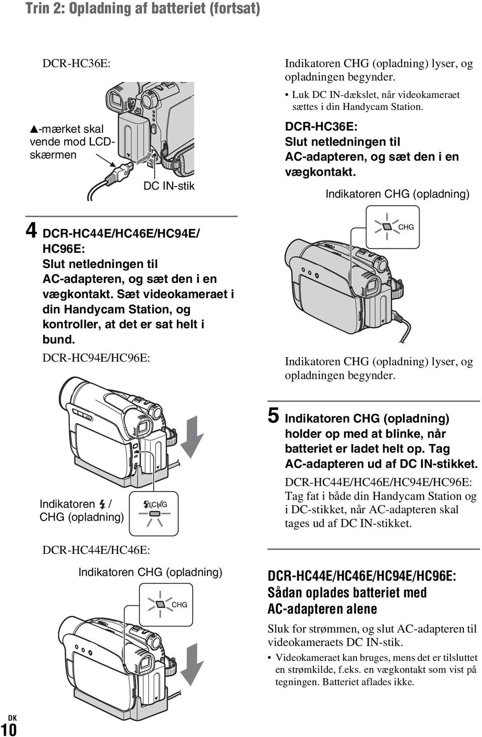 Indikatoren CHG (opladning) 4 DCR-HC44E/HC46E/HC94E/ HC96E: Slut netledningen til AC-adapteren, og sæt den i en vægkontakt.