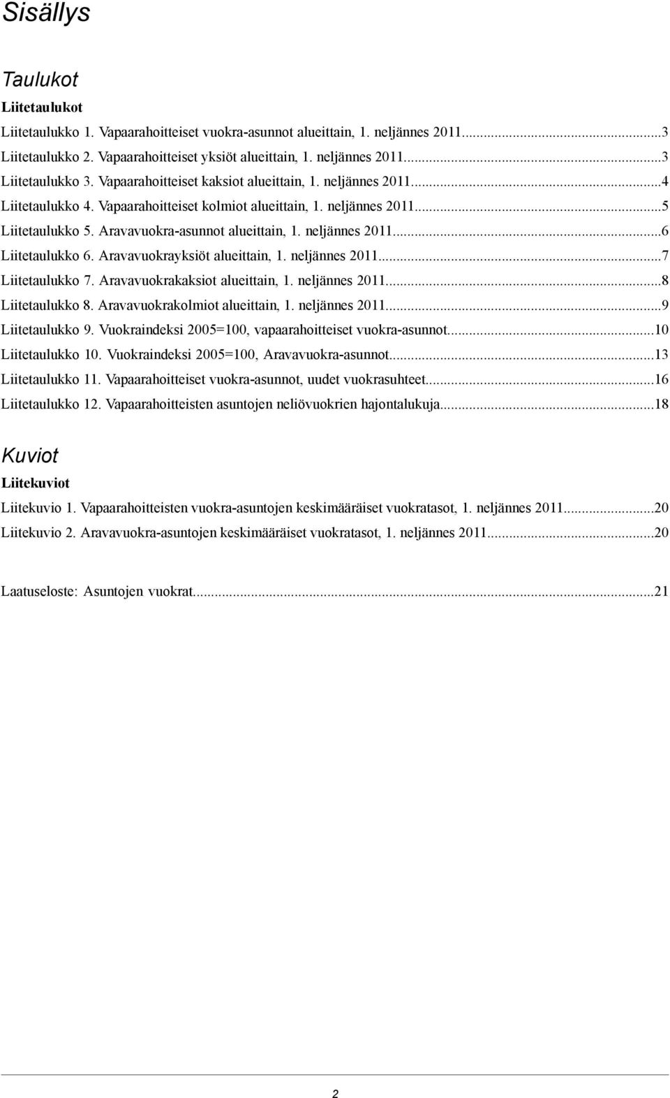 Aravavuokrayksiöt alueittain, 1 neljännes 7 Liitetaulukko 7 Aravavuokrakaksiot alueittain, 1 neljännes 8 Liitetaulukko 8 Aravavuokrakolmiot alueittain, 1 neljännes 9 Liitetaulukko 9 Vuokraindeksi