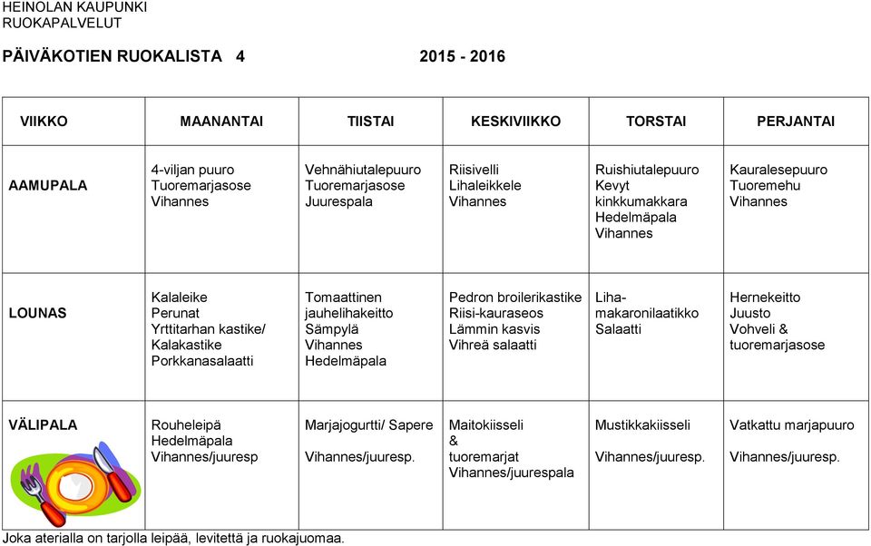 Riisi-kauraseos Vihreä salaatti Lihamakaronilaatikko Hernekeitto Vohveli & tuoremarjasose Rouheleipä /juuresp