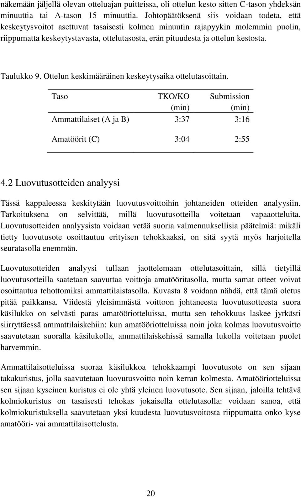 kestosta. Taulukko 9. Ottelun keskimääräinen keskeytysaika ottelutasoittain. Taso TKO/KO Submission (min) (min) Ammattilaiset (A ja B) 3:37 3:16 Amatöörit (C) 3:04 2:55 4.