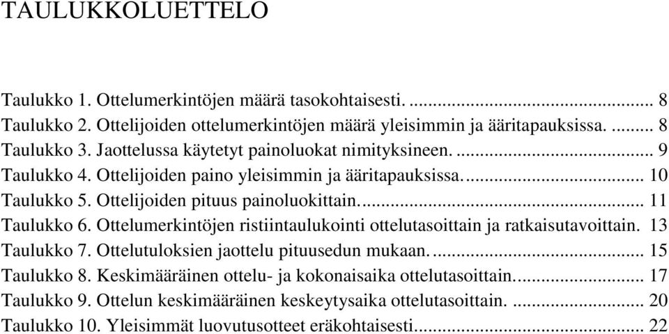 ... 11 Taulukko 6. Ottelumerkintöjen ristiintaulukointi ottelutasoittain ja ratkaisutavoittain. 13 Taulukko 7. Ottelutuloksien jaottelu pituusedun mukaan.... 15 Taulukko 8.