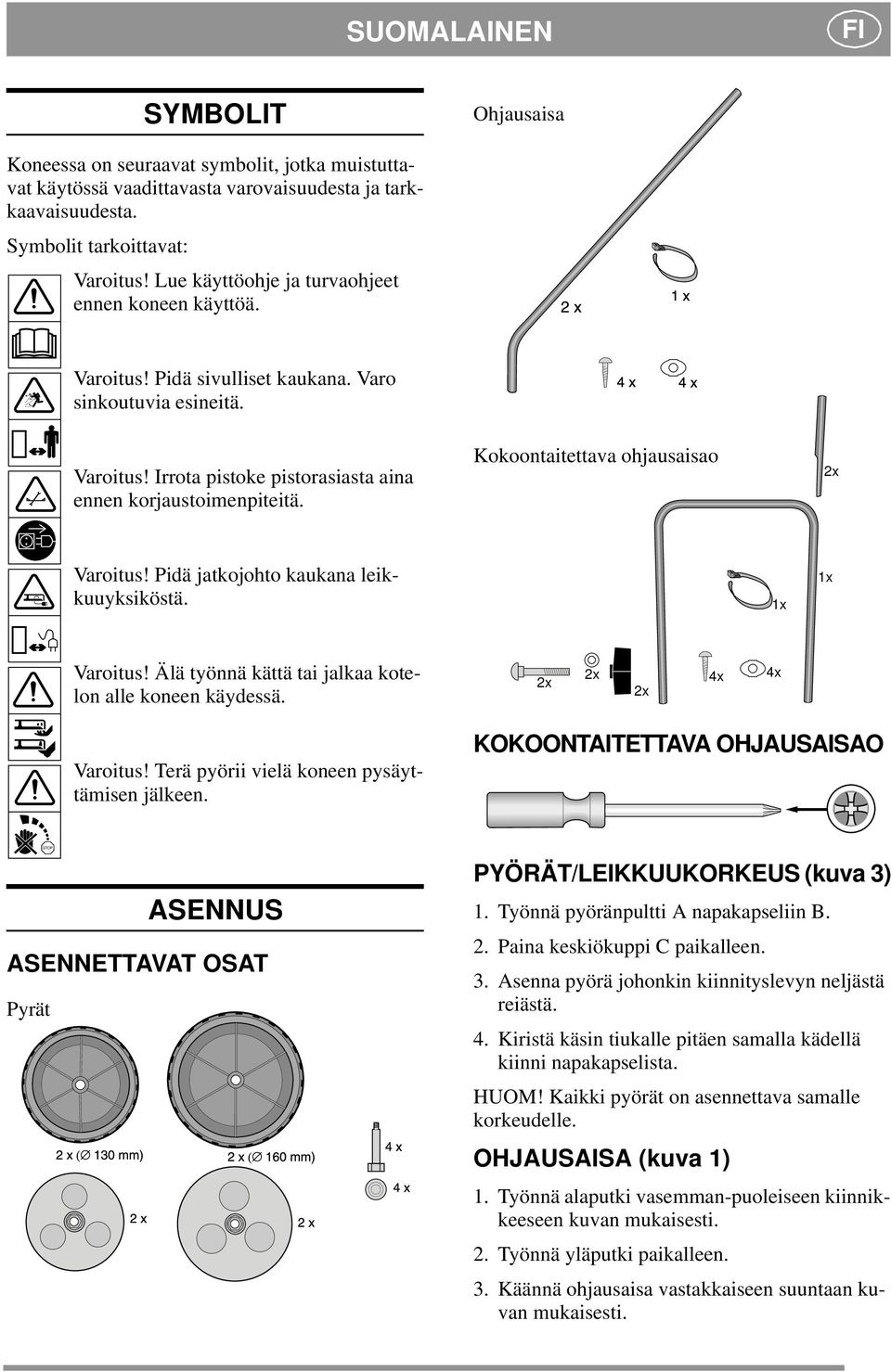 Kokoontaitettava ohjausaisao x Varoitus! Pidä jatkojohto kaukana leikkuuyksiköstä. x x Varoitus! Älä työnnä kättä tai jalkaa kotelon alle koneen käydessä. x x x x x Varoitus!