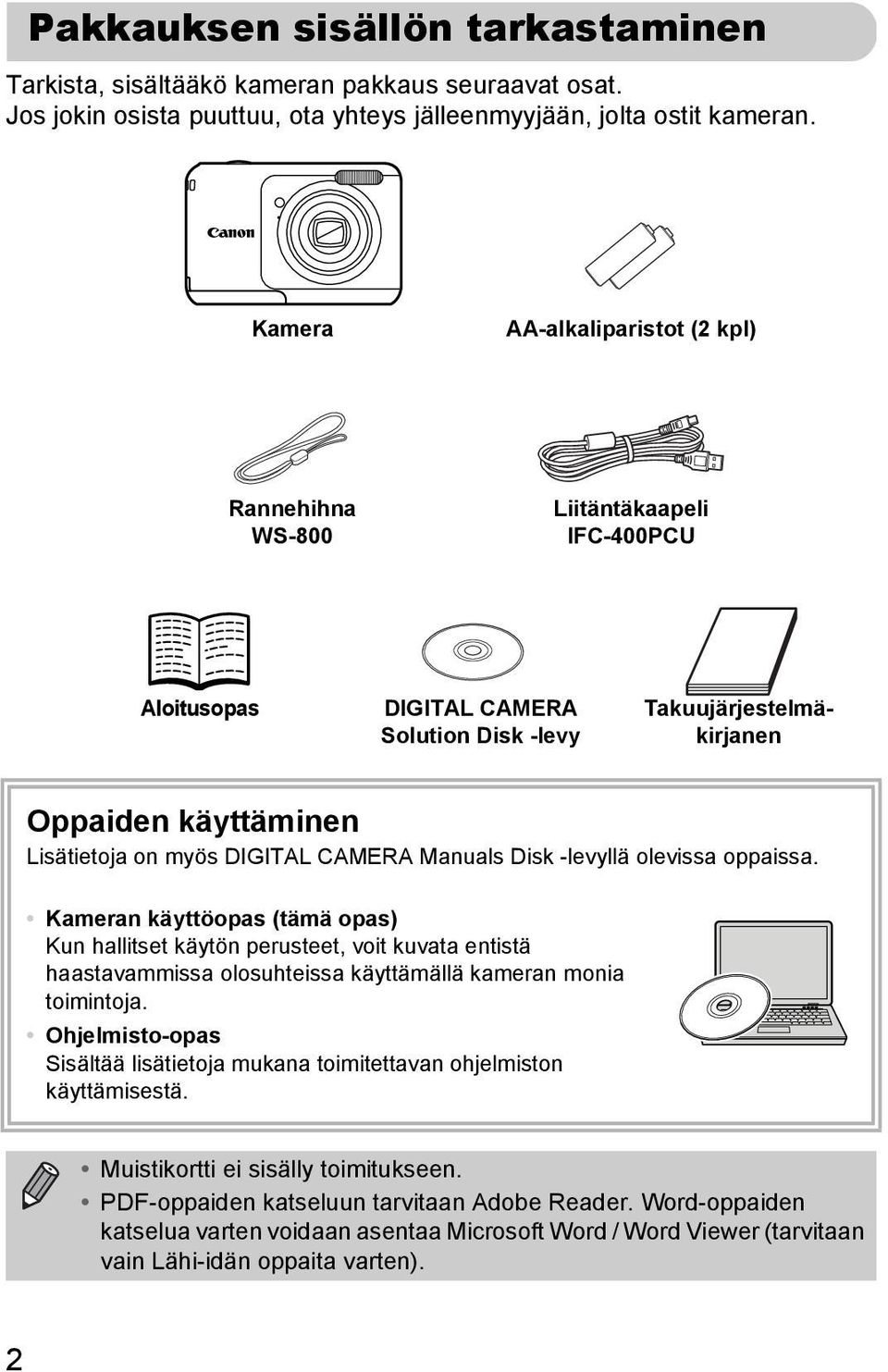 CAMERA Manuals Disk -levyllä olevissa oppaissa. Kameran käyttöopas (tämä opas) Kun hallitset käytön perusteet, voit kuvata entistä haastavammissa olosuhteissa käyttämällä kameran monia toimintoja.