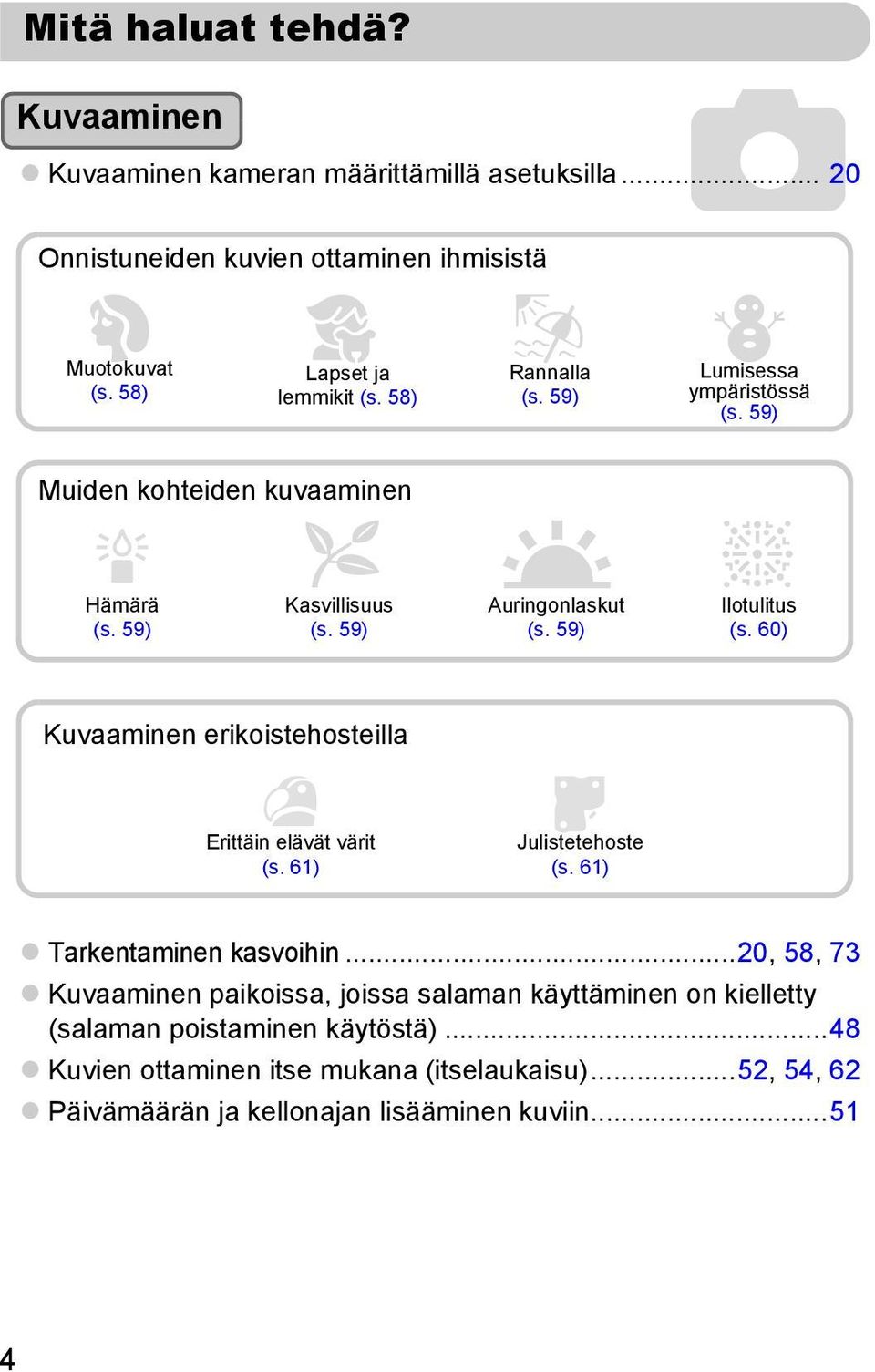 59) t Ilotulitus (s. 60) Kuvaaminen erikoistehosteilla Erittäin elävät värit (s. 61) Julistetehoste (s. 61) Tarkentaminen kasvoihin.