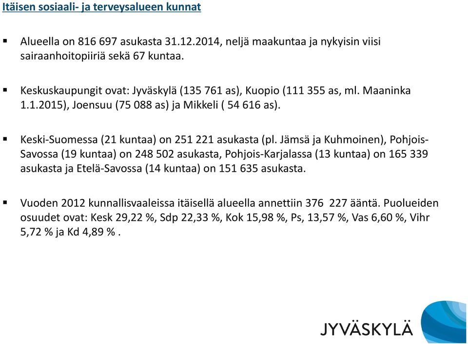 Keski Suomessa (21 kuntaa) on 251 221 asukasta (pl.