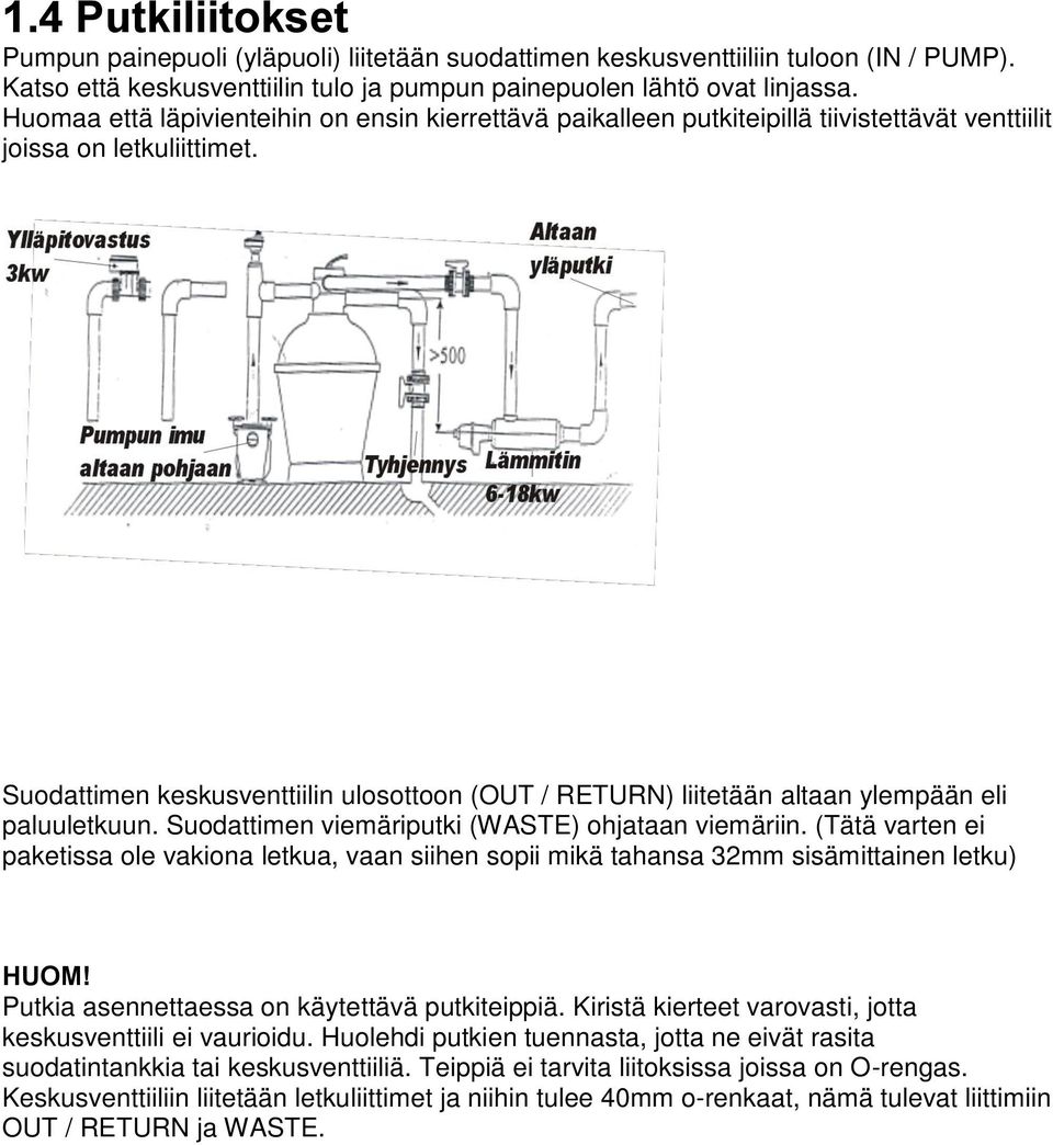 Suodattimen keskusventtiilin ulosottoon (OUT / RETURN) liitetään altaan ylempään eli paluuletkuun. Suodattimen viemäriputki (WASTE) ohjataan viemäriin.