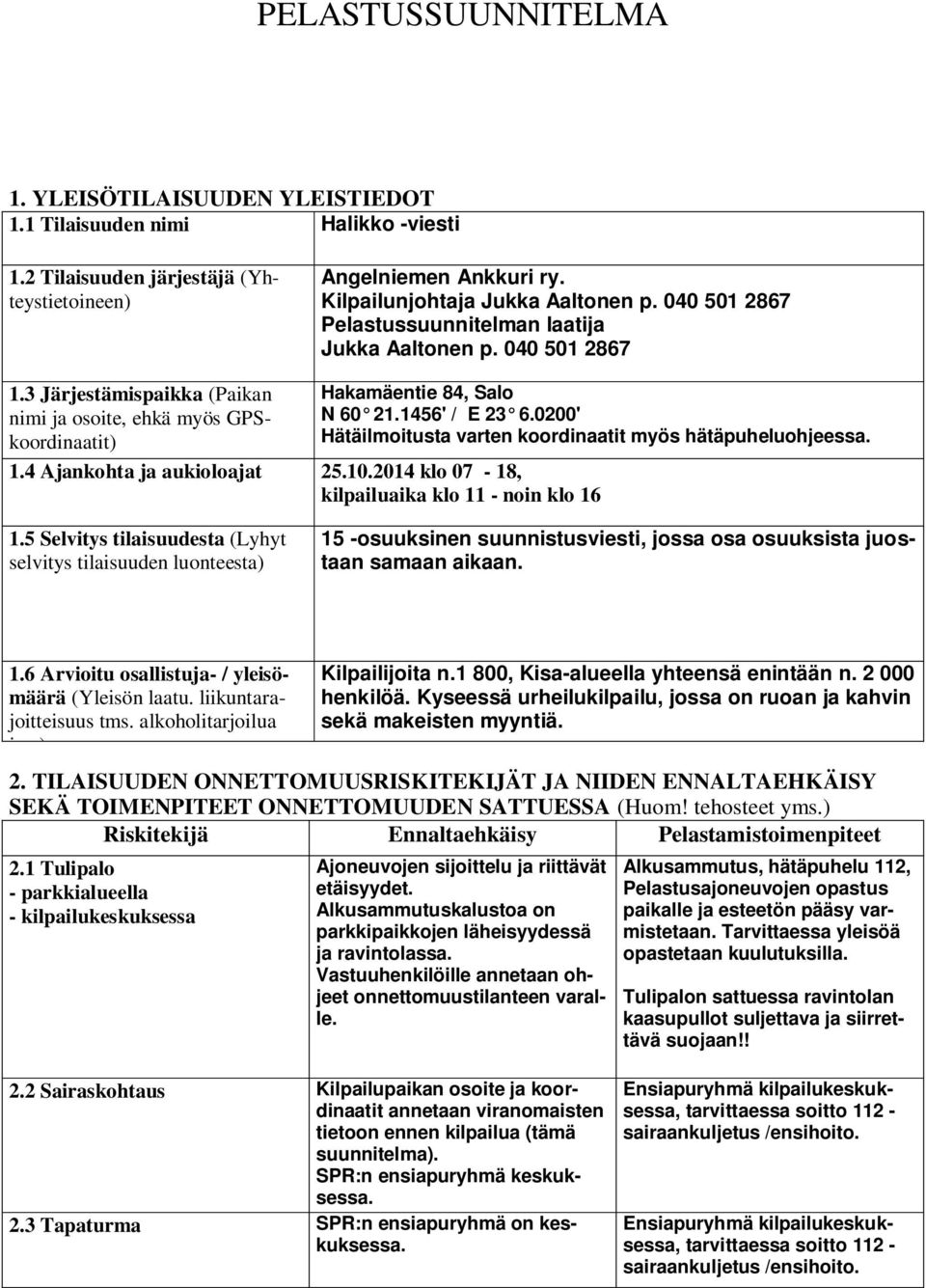 0200' Hätäilmoitusta varten koordinaatit myös hätäpuheluohjeessa. 1.4 Ajankohta ja aukioloajat 25.10.2014 klo 07-18, kilpailuaika klo 11 - noin klo 16 1.