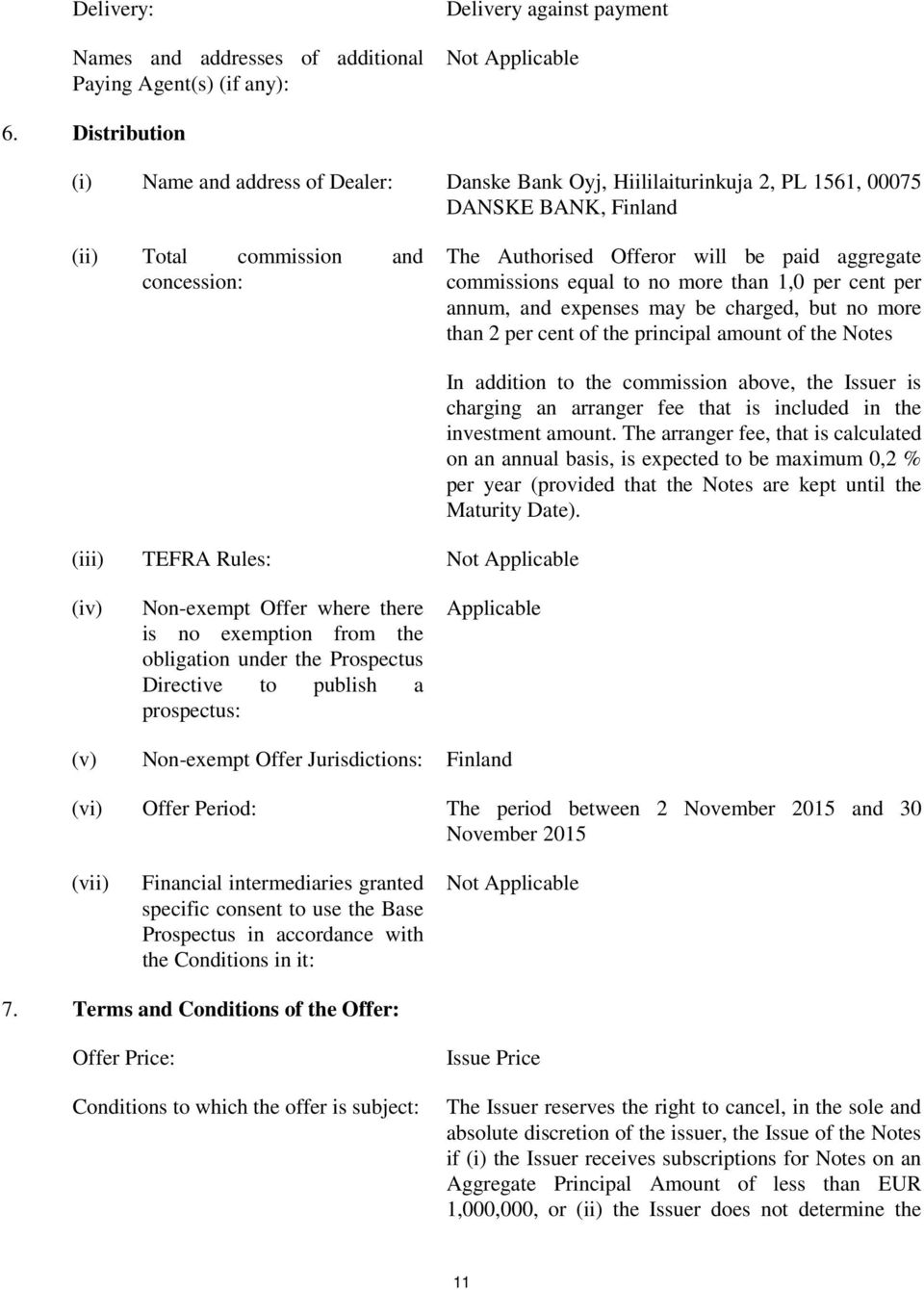 aggregate commissions equal to no more than 1,0 per cent per annum, and expenses may be charged, but no more than 2 per cent of the principal amount of the Notes (iii) TEFRA Rules: Not Applicable In