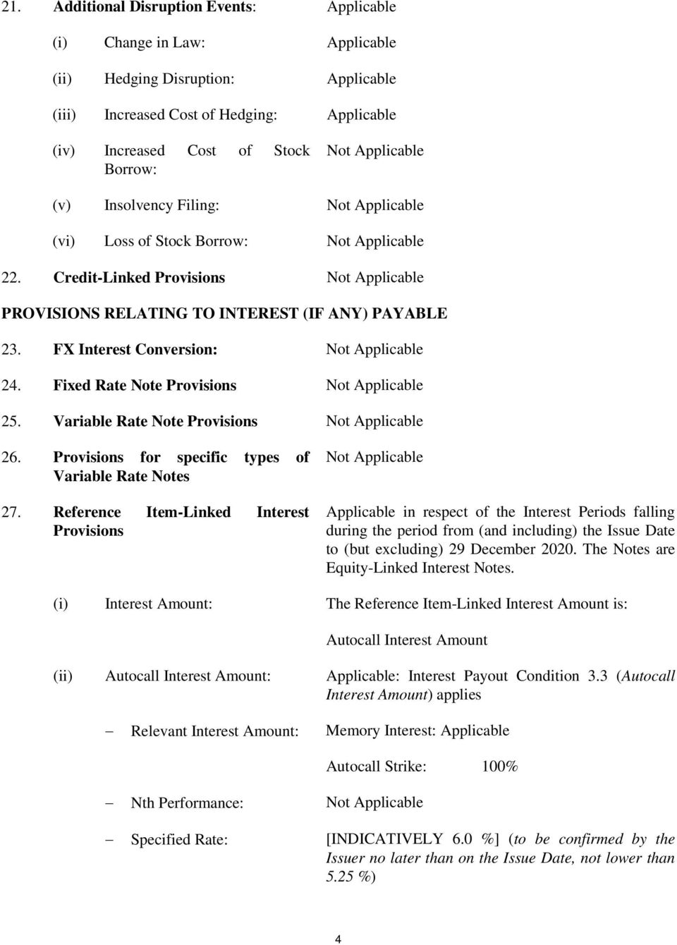 FX Interest Conversion: Not Applicable 24. Fixed Rate Note Provisions Not Applicable 25. Variable Rate Note Provisions Not Applicable 26. Provisions for specific types of Variable Rate Notes 27.