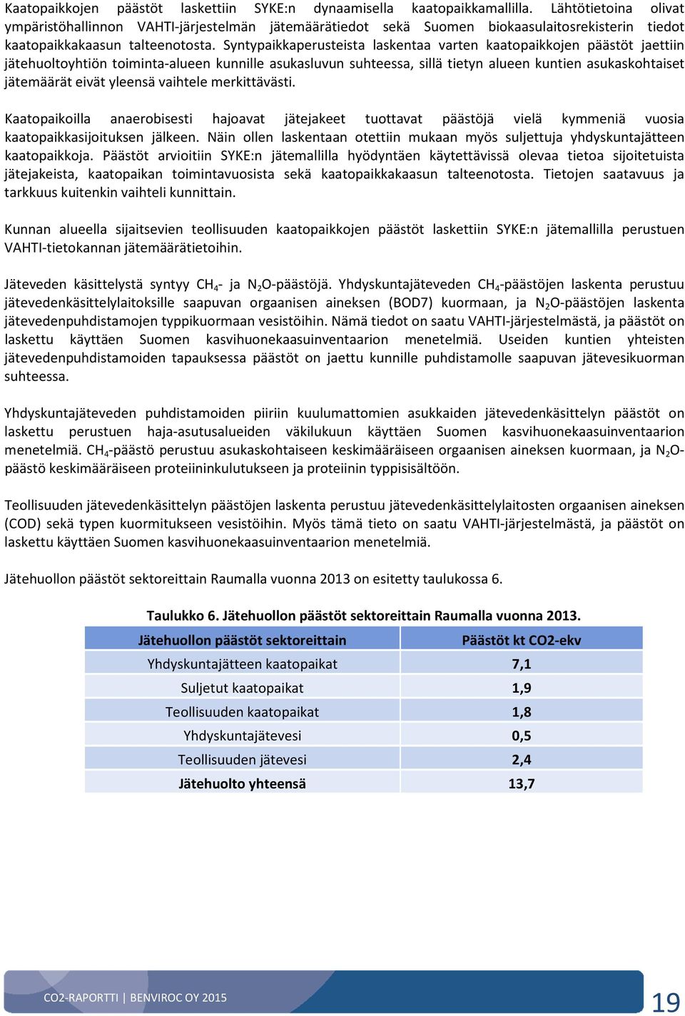 Syntypaikkaperusteista laskentaa varten kaatopaikkojen päästöt jaettiin jätehuoltoyhtiön toiminta-alueen kunnille asukasluvun suhteessa, sillä tietyn alueen kuntien asukaskohtaiset jätemäärät eivät