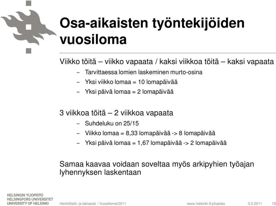 viikkoa töitä 2 viikkoa vapaata Suhdeluku on 25/15 Viikko lomaa = 8,33 lomapäivää -> 8 lomapäivää Yksi päivä