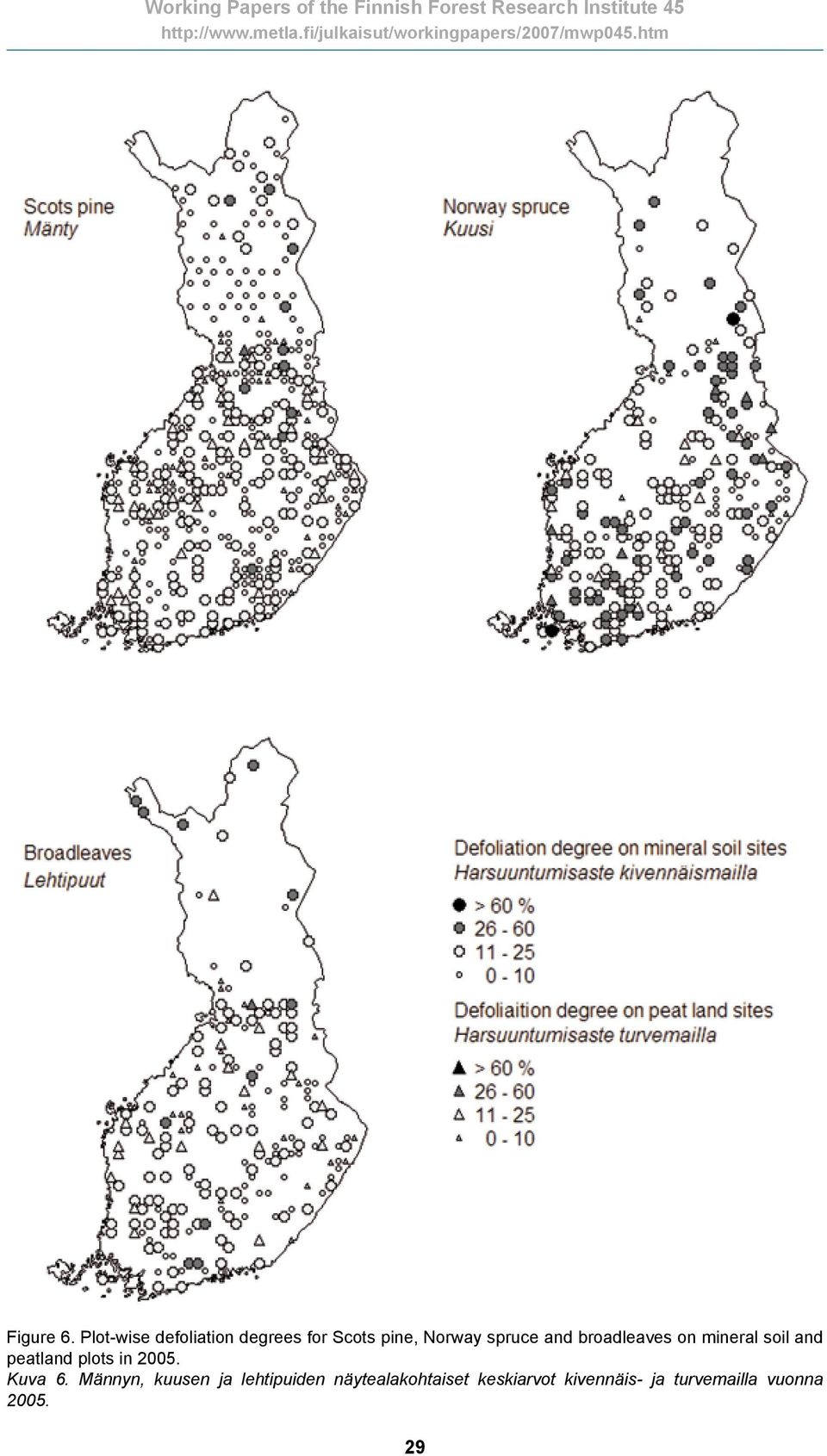 and broadleaves on mineral soil and peatland plots in 2005.