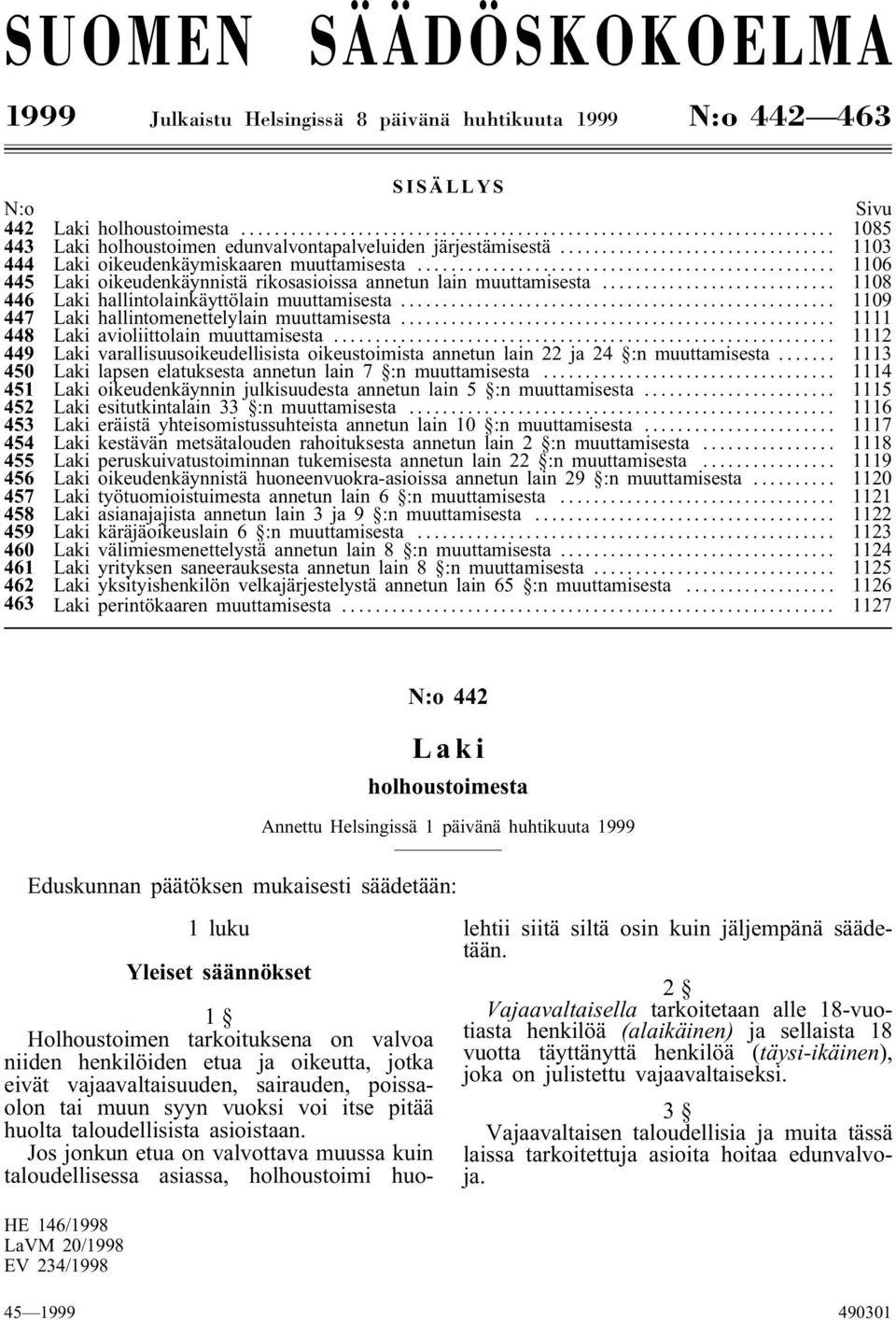 .. 1109 447 Laki hallintomenettelylain muuttamisesta... 1111 448 Laki avioliittolain muuttamisesta... 1112 449 Laki varallisuusoikeudellisista oikeustoimista annetun lain 22 ja 24 :n muuttamisesta.