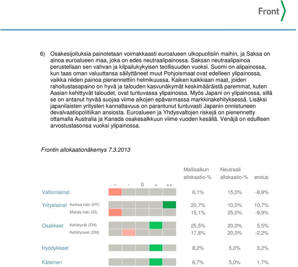 Suomi on alipainossa, kun taas oman valuuttansa säilyttäneet muut Pohjoismaat ovat edelleen ylipainossa, vaikka niiden painoa pienennettiin helmikuussa.