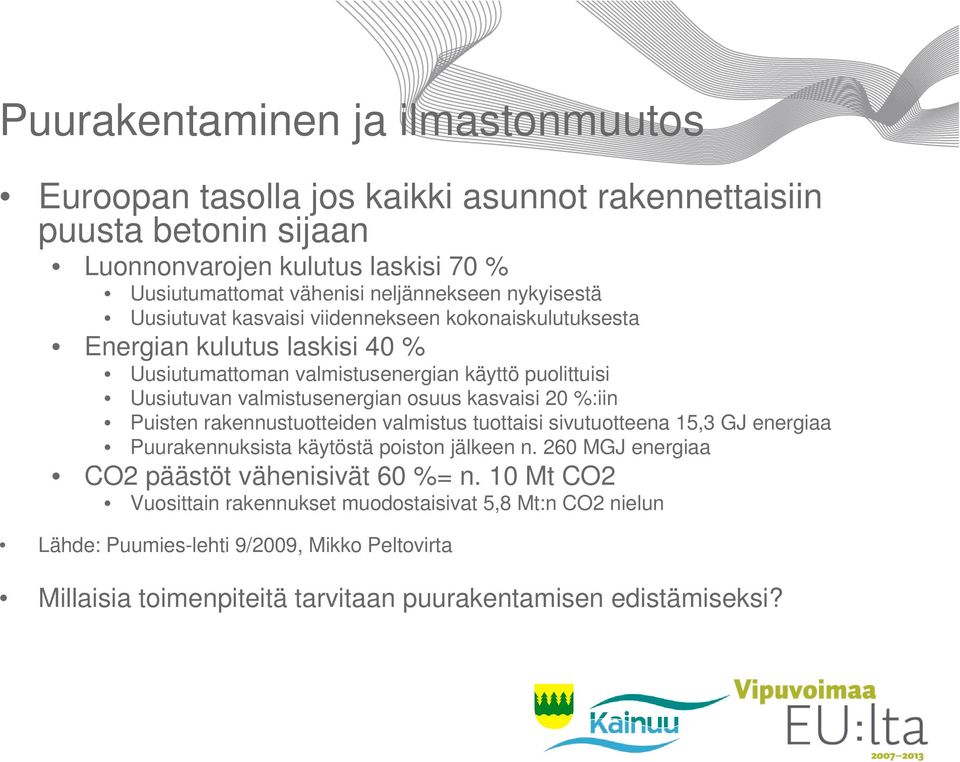 kasvaisi 20 %:iin Puisten rakennustuotteiden valmistus tuottaisi sivutuotteena 15,3 GJ energiaa Puurakennuksista käytöstä poiston jälkeen n.
