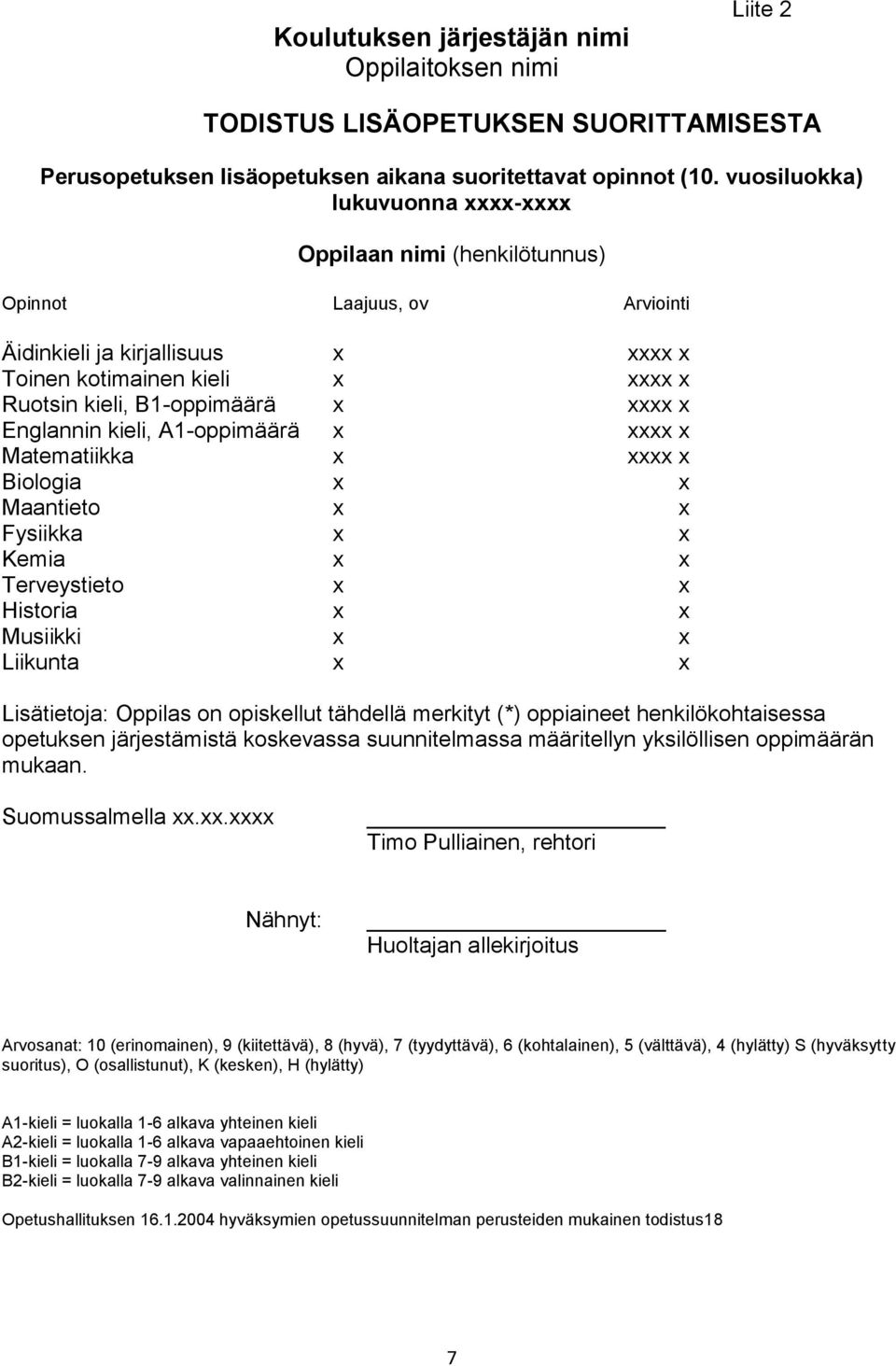 Englannin kieli, A1-oppimäärä x xxxx x Matematiikka x xxxx x Biologia x x Maantieto x x Fysiikka x x Kemia x x Terveystieto x x Historia x x Musiikki x x Liikunta x x Lisätietoja: Oppilas on