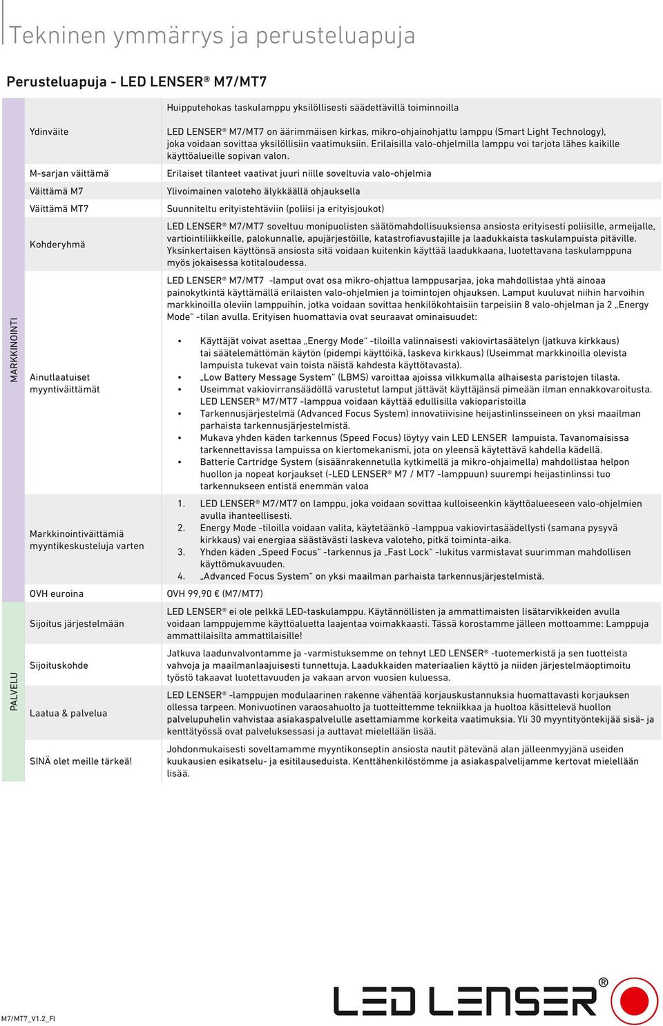 LED LENSER M7/MT7 on äärimmäisen kirkas, mikro-ohjainohjattu lamppu (Smart Light Technology), joka voidaan sovittaa yksilöllisiin vaatimuksiin.