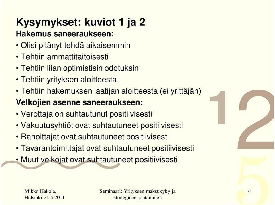 saneeraukseen: Verottaja on suhtautunut positiivisesti Vakuutusyhtiöt ovat suhtautuneet positiivisesti Rahoittajat ovat