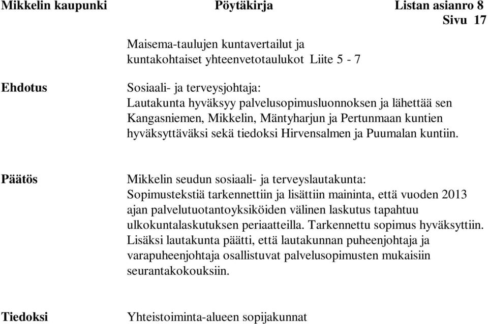 Päätös Mikkelin seudun sosiaali- ja : Sopimustekstiä tarkennettiin ja lisättiin maininta, että vuoden 2013 ajan palvelutuotantoyksiköiden välinen laskutus tapahtuu ulkokuntalaskutuksen