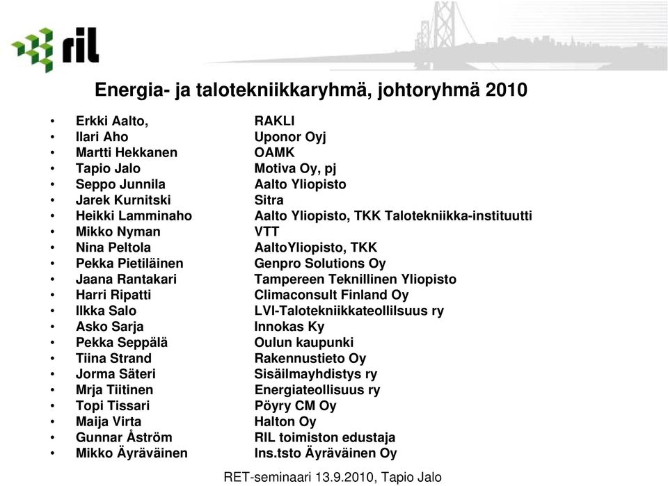 Teknillinen Yliopisto Harri Ripatti Climaconsult Finland Oy Ilkka Salo LVI-Talotekniikkateollilsuus ry Asko Sarja Innokas Ky Pekka Seppälä Oulun kaupunki Tiina Strand Rakennustieto Oy