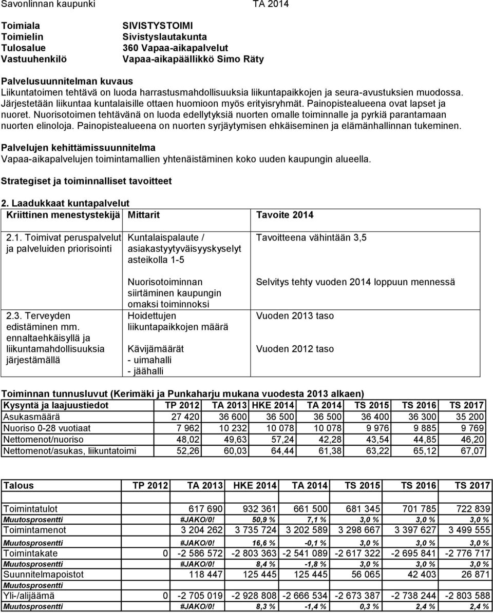 Painopistealueena ovat lapset ja nuoret. Nuorisotoimen tehtävänä on luoda edellytyksiä nuorten omalle toiminnalle ja pyrkiä parantamaan nuorten elinoloja.