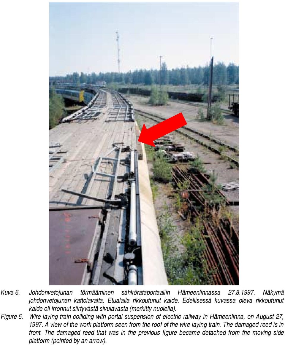 Wire laying train colliding with portal suspension of electric railway in Hämeenlinna, on August 27, 1997.