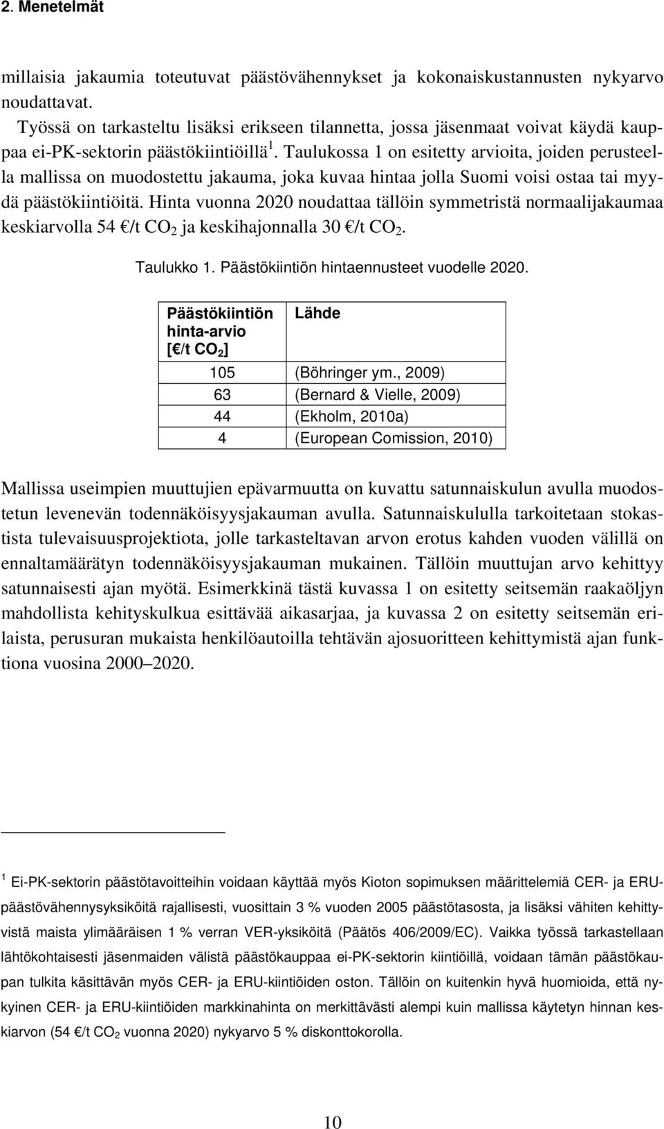 Taulukossa 1 on esitetty arvioita, joiden perusteella mallissa on muodostettu jakauma, joka kuvaa hintaa jolla Suomi voisi ostaa tai myydä päästökiintiöitä.