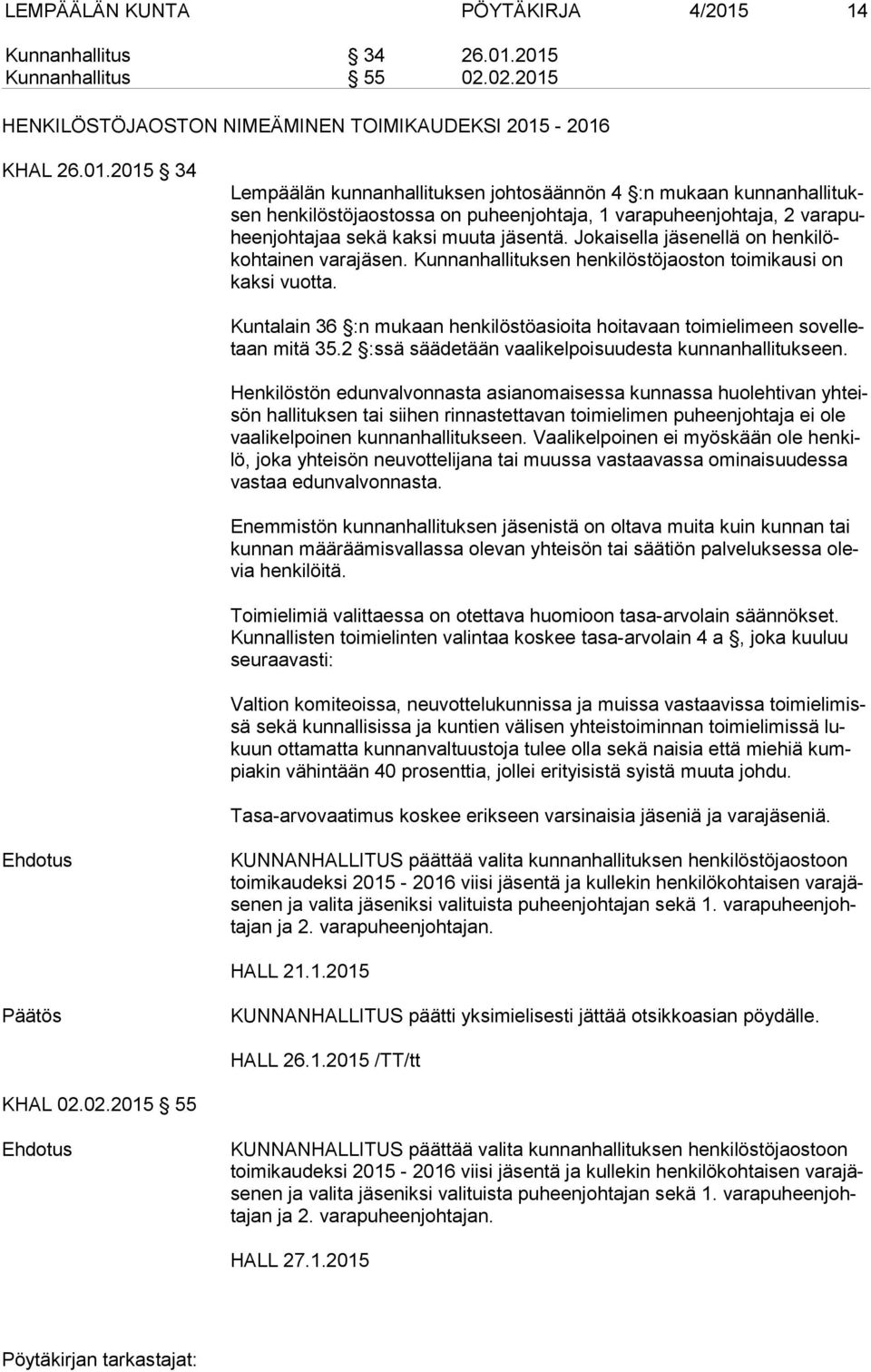 2015 Kunnanhallitus 55 02.02.2015 HENKILÖSTÖJAOSTON NIMEÄMINEN TOIMIKAUDEKSI 2015-2016 KHAL 26.01.2015 34 Lempäälän kunnanhallituksen johtosäännön 4 :n mukaan kun nan hal li tuksen henkilöstöjaostossa on puheenjohtaja, 1 varapuheenjohtaja, 2 va ra puheen joh ta jaa sekä kaksi muuta jäsentä.