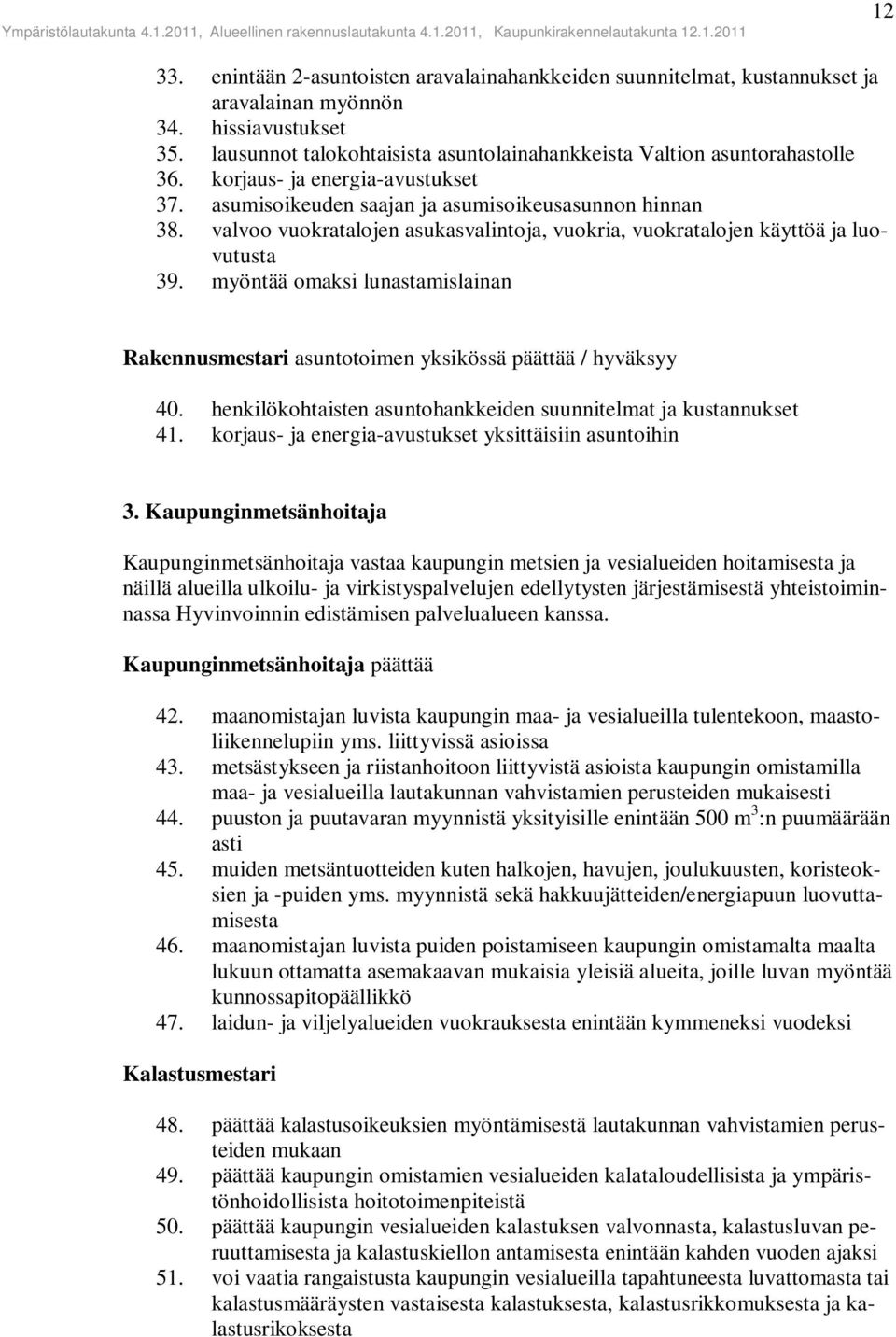 valvoo vuokratalojen asukasvalintoja, vuokria, vuokratalojen käyttöä ja luovutusta 39. myöntää omaksi lunastamislainan Rakennusmestari asuntotoimen yksikössä päättää / hyväksyy 40.