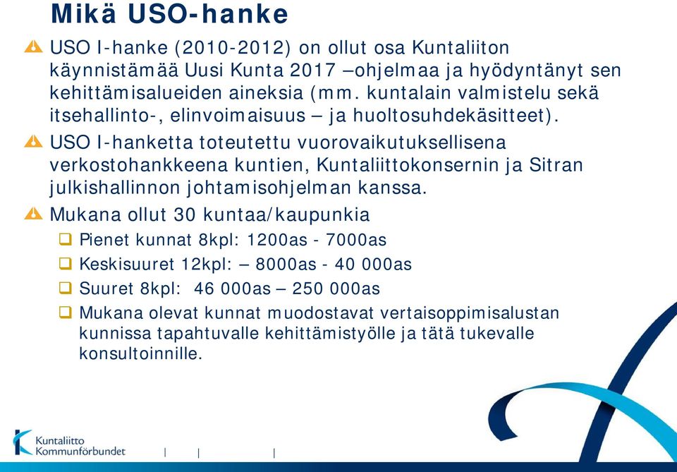 USO I-hanketta toteutettu vuorovaikutuksellisena verkostohankkeena kuntien, Kuntaliittokonsernin ja Sitran julkishallinnon johtamisohjelman kanssa.