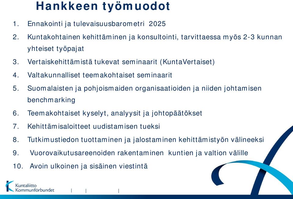 Valtakunnalliset teemakohtaiset seminaarit 5. Suomalaisten ja pohjoismaiden organisaatioiden ja niiden johtamisen benchmarking 6.