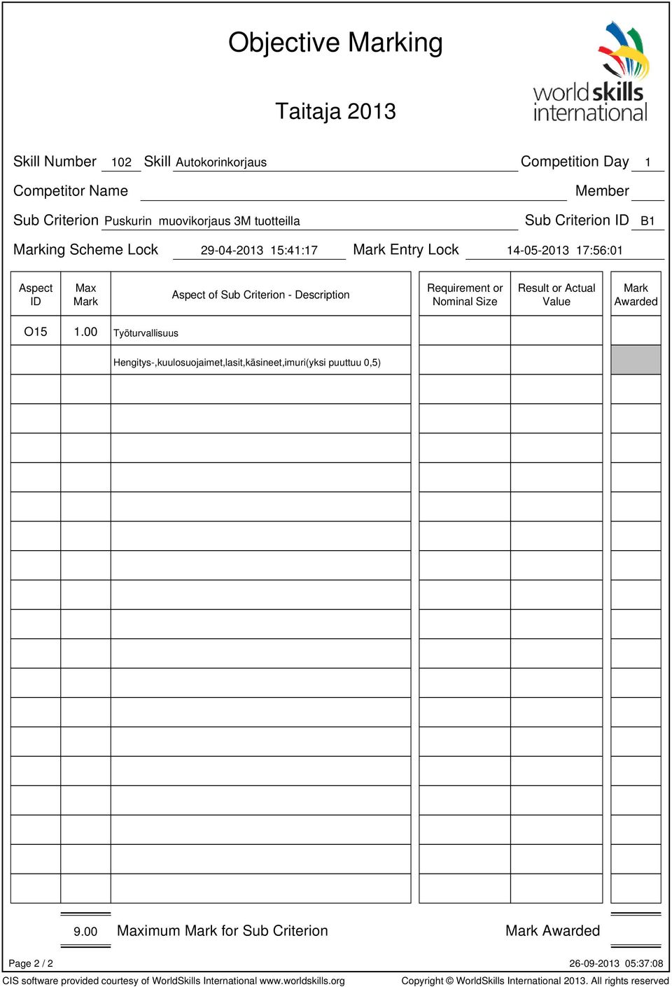 Entry Lock 14-05-2013 17:56:01 of Sub Criterion - Description Result or O15 1.