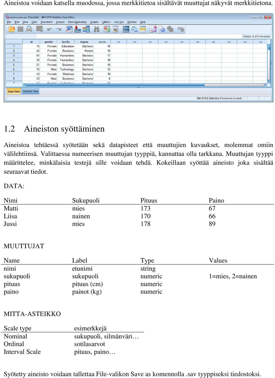 Muuttujan tyyppi määrittelee, minkälaisia testejä sille voidaan tehdä. Kokeillaan syöttää aineisto joka sisältää seuraavat tiedot.