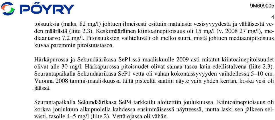 Härkäpurossa ja Sekundäärikasa SeP1:ssä maaliskuulle 2009 asti mitatut kiintoainepitoisuudet olivat alle 30 mg/l. Härkäpurossa pitoisuudet olivat samaa tasoa kuin edellistalvena (liite 2.3).