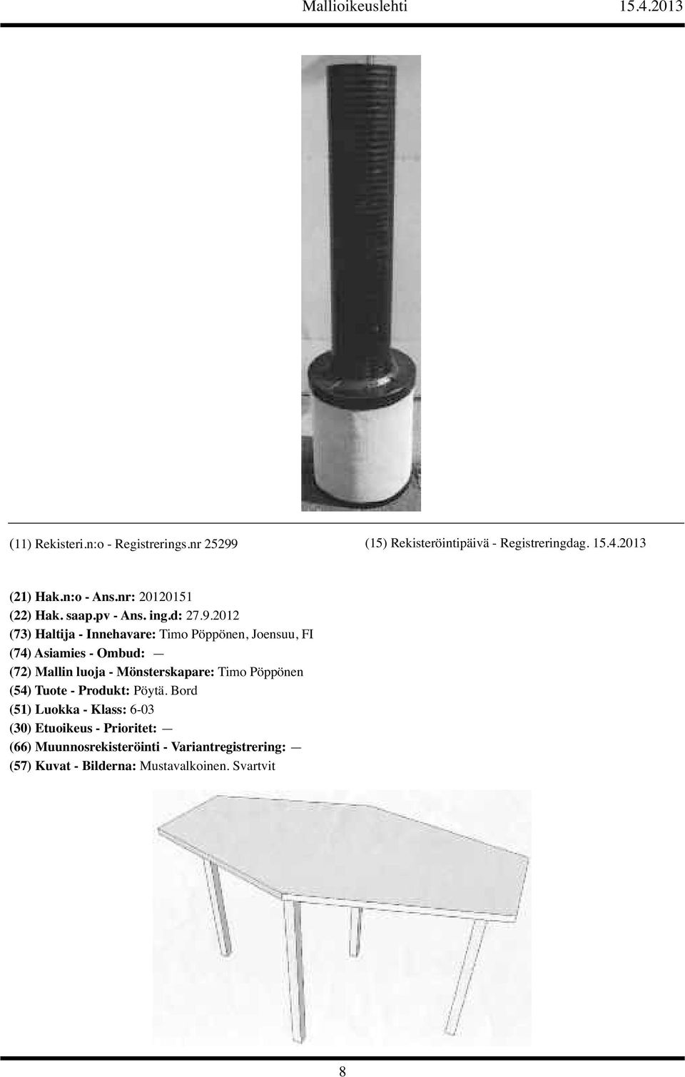 2012 (73) Haltija - Innehavare: Timo Pöppönen, Joensuu, FI (74) Asiamies - Ombud: (72) Mallin luoja - Mönsterskapare: