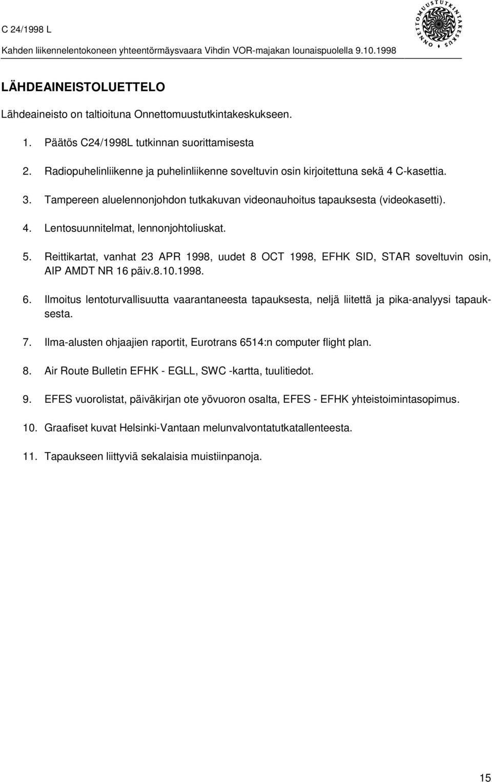 5. Reittikartat, vanhat 23 APR 1998, uudet 8 OCT 1998, EFHK SID, STAR soveltuvin osin, AIP AMDT NR 16 päiv.8.10.1998. 6.