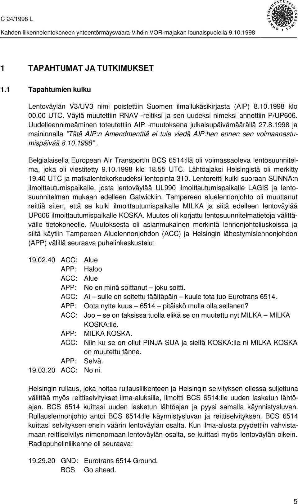 1998 ja maininnalla Tätä AIP:n Amendmenttiä ei tule viedä AIP:hen ennen sen voimaanastumispäivää 8.10.1998. Belgialaisella European Air Transportin BCS 6514:llä oli voimassaoleva lentosuunnitelma, joka oli viestitetty 9.